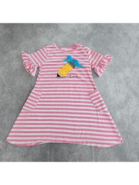 Ruffle Girl Girls Large 6/7 Pink Stripe Pencil Appliqué School Dress
